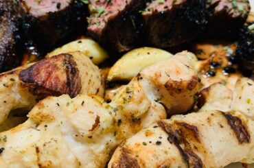 Sirloin Steak with Garlic Butter and Chicken Skewers