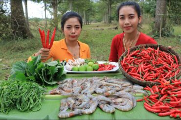 Tasty cooking and eating shrimp salad with chili sauce recipe in my village