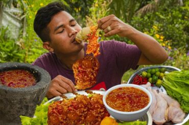 Wow Amazing Cooking Chicken Leg Crispy For Food and Eating With Chili Sauce Very Delicious