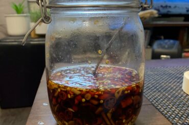 soy sauce, vinegar, thai red chillies and garlic. a super simple dipping sauce that can be thrown on anything!