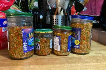 My version of sambal bawang. First attempt at using bacon grease (left two jars). Mmmmmm... Recipe in comments.