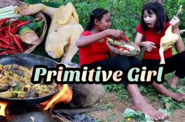 Primitive Girl - Easy food in forest: Cooking chicken spicy chili recipe for lunch yummy delicious