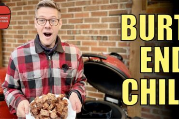 Texas brisket BURNT END chili smoked on the Kamado Joe Classic.  My favorite beef chili recipe!