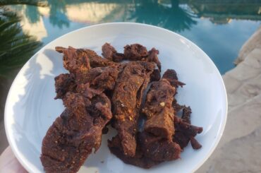 Homemade sweet and spicy cajun jerky. Marinated with tropical fruits, cayenne, and scotch bonnet peppers, on top of a barbecue and cajun blend
