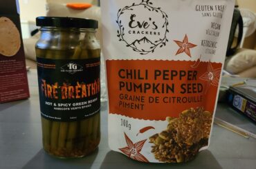 Tried out some local products. The Crackers were tasty but not only weren't spicy but I couldn't taste any chili flavor at all. The beans on the other hand were both delicious and packed a good kick of heat! Definitely getting the beans again