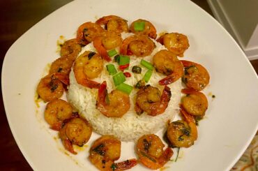 My spicy garlic shrimp! With extra bird’s eye chilies on the side :)