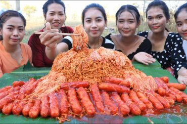 Wow yummy cooking noodle chili with hot dog recipe in my village