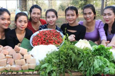 Yummy pork with chili sauce and vegetable recipe in my village