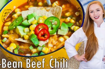The BEST 3-Bean Beef Chili Recipe!! With Corn, Tortilla Chips & Avocado