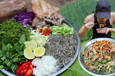 Cooking Pig Air Salad with Baby Shrimp Eating Spicy Chili So Delicious - Cook Pork Air Salad Recipe