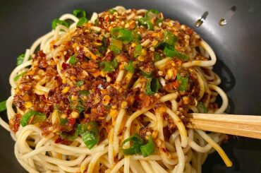 Angry looking Dan Dan style noodles for dinner tonight with Szechuan peppercorns and homemade chili oil (recipe in comments)