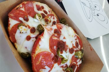 Bagel pepperoni pizza with a bit of peppers and F@*king hotsauce
