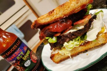 Homemade double patty burger with a spicy kick