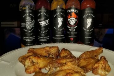 Air fried wings and a lineup of Heartbeat Hot Sauces for game day