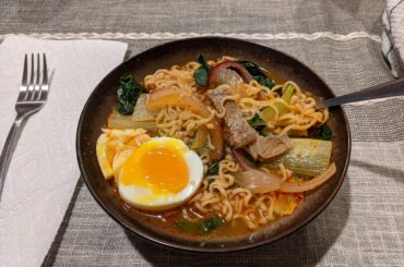 Homemade Spicy Numbing Hot Pot w/ Ramen, veggies, and soft-boiled egg. My face is melting.