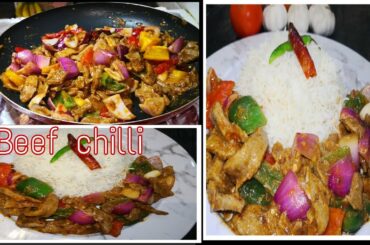 Beef chilli recipe || spicy beef chilli with garlic rice ||dry beef chilli