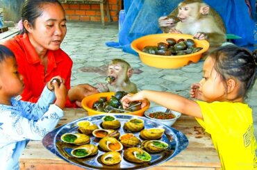Wow Delicious !! Bella Cook Nature Snails With Chili Souse Recipe, Small Family Eat Together Has Ha