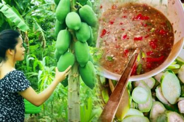 Amazing Taste of Green Papaya With Young Banana Eating With Raw Fermented Fish Chili Recipe.
