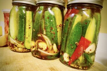 Homemade spicy dill pickles.