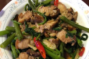 Stir fry pork belly and morning glory