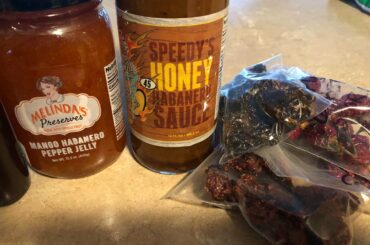 Getting ready to send a care package to my friend! The dehydrated peppers are chocolate reaper, purple ghost/scorpion hybrid, aji lemon, death spiral, and scorpions.