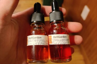 Spicy tinctures by Nick Kemps from Hellgarden. Made from super spicy peppers and watermelon jolly rancher and strawberry starburst respectively. Good enough to drink (if you have a death wish)!
