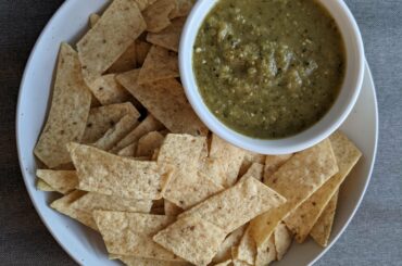 Homemade spicy salsa verde, store bought tortillas.