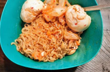 I made spicy ramen with kimchi eggs. Recipe links in comments.
