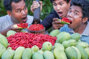WHO IS THE WINNER? King of Black Men Eating Raw Spicy Chilli with Mango Fruit in Village