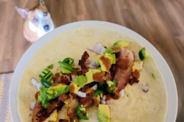 Breakfast burrito with eggs, sweet and spicy thick cut bacon, avocado, diced jalapeno and onion, and Secret Aardvark hot sauce.