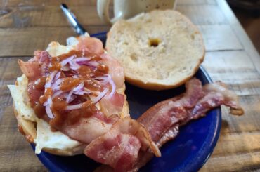 Breakfast bagel heavy on the Secret Aardvark