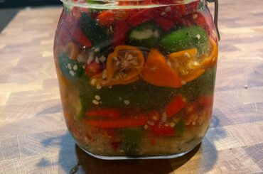 My first attempt at fermented hot sauce. Thai chili’s, Serrano peppers, habaneros, and garlic. Excited to see how it comes out.