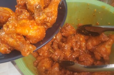 Double fried wings with a homemade spicy garlic Buffalo sauce made by my 14 yo son! Sooooo delicious!