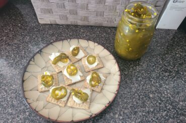 After work snack. Triscuits, cream cheese and cowboy candy.