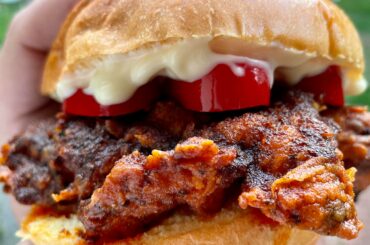 Homemade Hot Chicken sandwich with pickled Fresno chiles