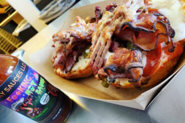Pepperoni pizza bagel with sliced brisket, bacon, jalapenos and a bit of F'n hotsauce