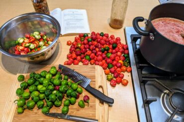 Pickled chillies, sweet chilli sauce. Background is pickled Rocotto chilli in jar, last year's sweet chilli in bottle.