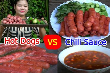 Amazing cooking hot dog with chili sauce recipe in my village - Cooking Foods