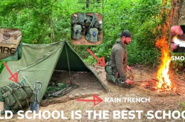 Solo Overnight Using Old School Military Gear and Bacon Chili Mac With Campfire Smoreos