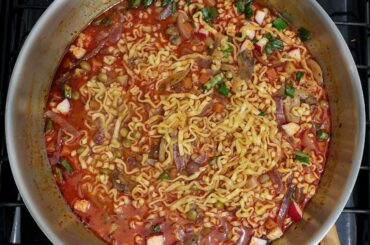 A big wok of extremely spicy ramen