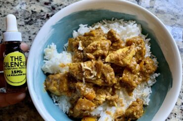 Chicken tikka masala with a couple drops of Puckerbutt’s Silencer tincture. That’s all you need.