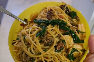 Something a little different. Spicy cayenne/garlic/10% cream/oil sauce with morels, sundried tomatoes, fresh Basil, spinach, Parmesan, and shrimp.