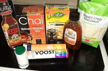 Habanero get-well tea in a thermos. Coconut (sift out later) mellows the orange zest to a mango-ish taste.