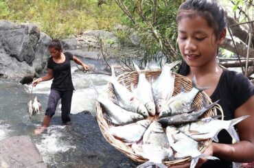 Cooking fish by grilling with fresh chili sauce in forest and Eating Delicious