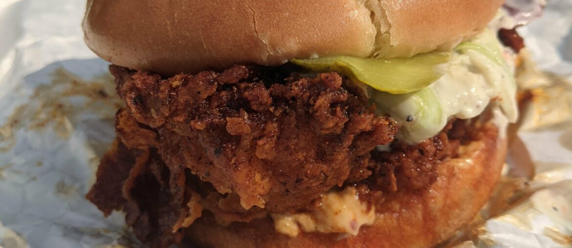 Nashville hot chicken in a reaper sauce, served out of the food truck "Chicken Heat" in Des Moines. Tasty, but definitely started coughing just from breathing it in.