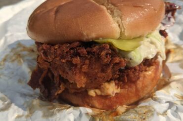 Nashville hot chicken in a reaper sauce, served out of the food truck "Chicken Heat" in Des Moines. Tasty, but definitely started coughing just from breathing it in.