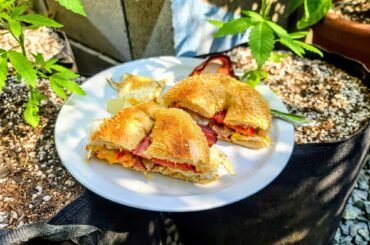 Breakfast bagel with sweet and spicy bacon, over easy egg, home-grown heirloom tomatoes, and sauteed onions with habaneros and scotch bonnets.