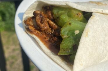 (crosspost /r/eatsandwiches) Chicken Thigh, Bell Peppers, Habanero and Scotch Bonnet Sauces, Flour Tortilla. It was good.