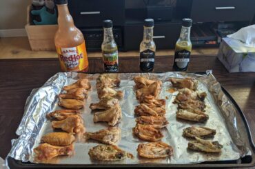 Oven baked Wing night from left to right: Franks Red Hot Buffalo, Northern Lights (roasted pepper), La Pimenterie Apple & Chipotle, La Pimenterie Lime & Coriandre