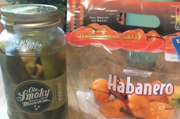 Old smoky moonshine pickles + habanero slices!